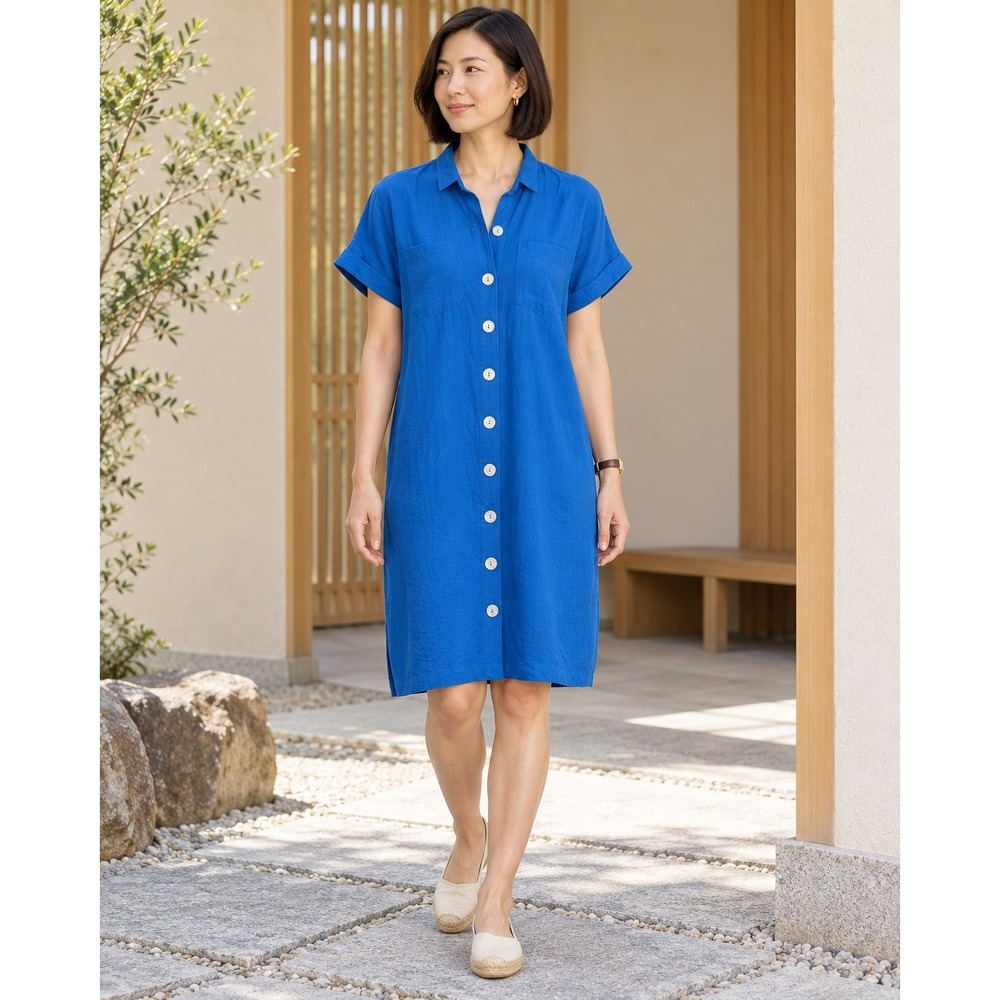 John Mark Solid Button Front Shirt Dress Large Blue Stand Up Collar Pockets SS
